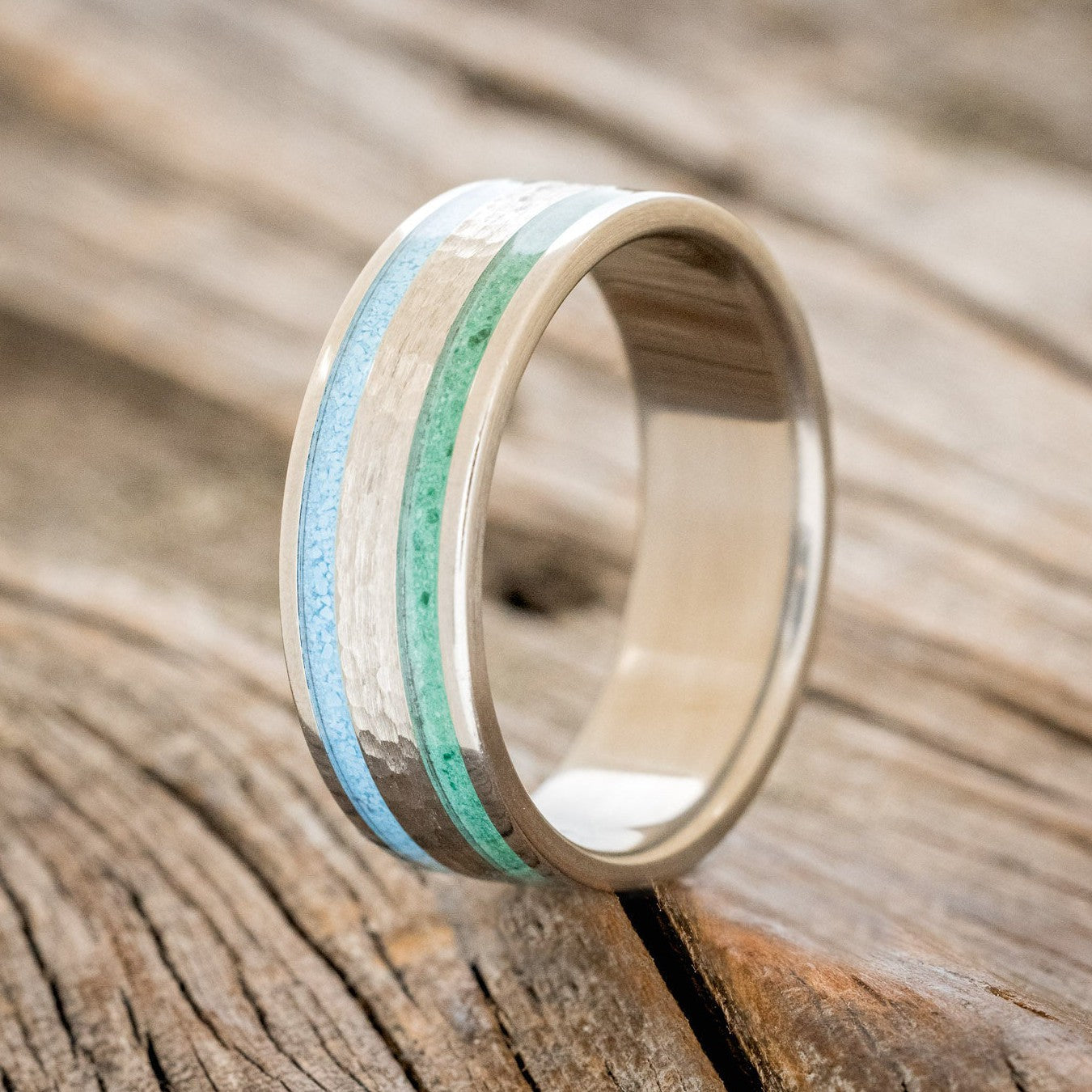 "RYDER" - TURQUOISE & MALACHITE INLAY WEDDING RING WITH A HAMMERED CENTER-1