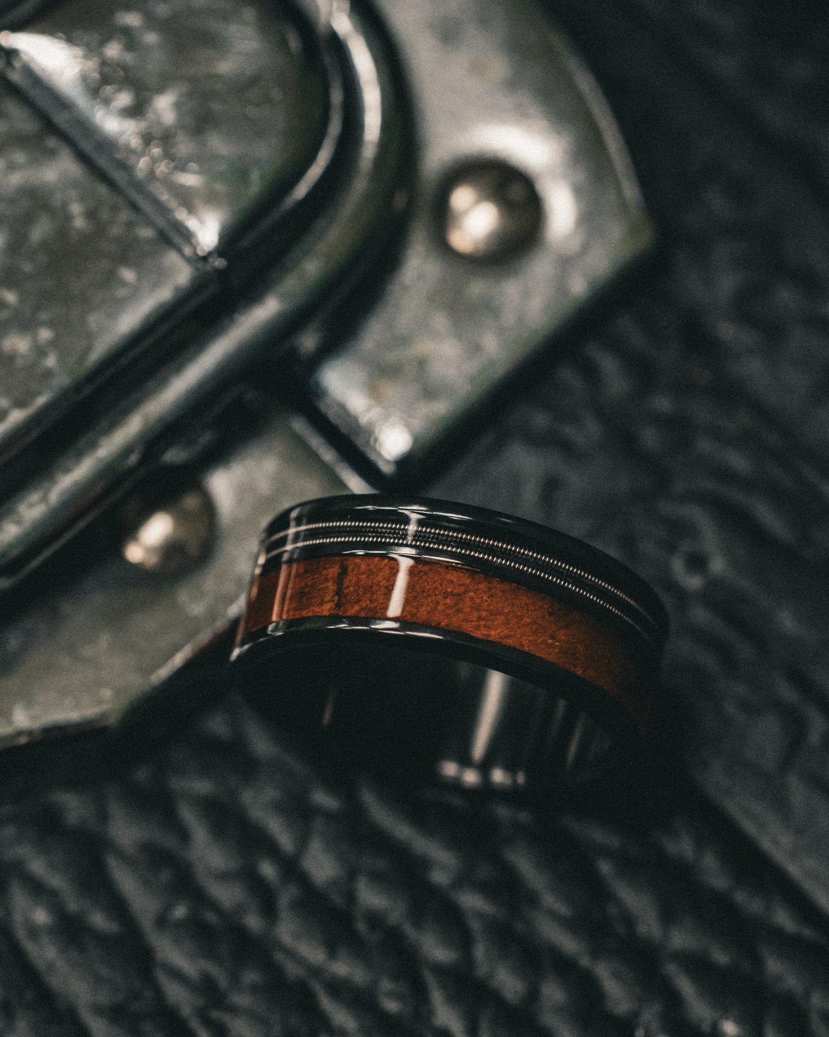 "RAPTOR" - GUITAR STRING & REDWOOD WEDDING BAND-13