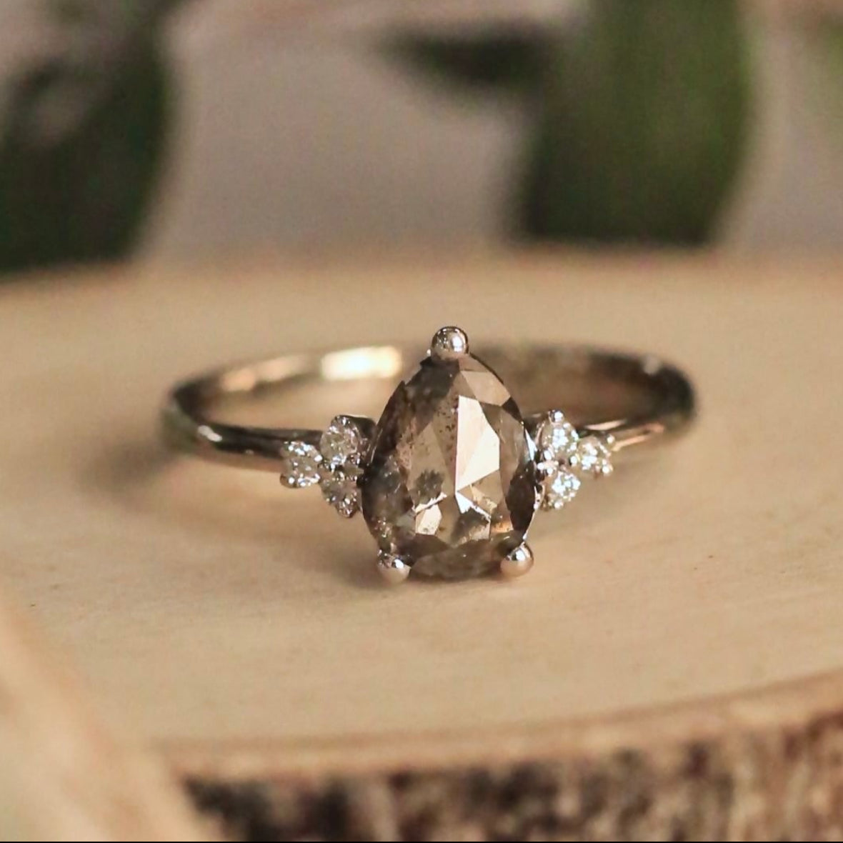 "Rhea" - Pear Rosecut Salt & Pepper Diamond Engagement Ring With Diamond Accents-Staghead Designs