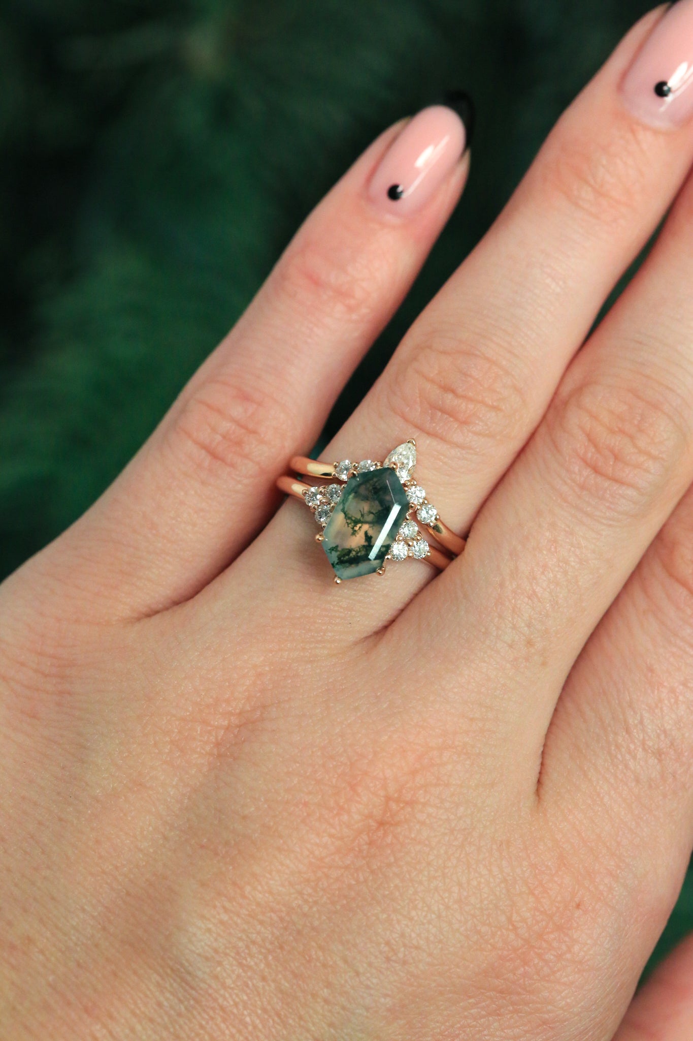 MATCHING SET OF "OCTAVIA" MOSS AGATE & TRACER WITH "DYAD" ANTLER & MOSS WEDDING RINGS-26