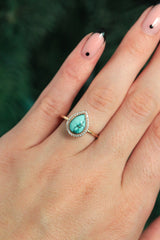 "TERRA" - PEAR-SHAPED TURQUOISE ENGAGEMENT RING WITH DIAMOND HALO - READY TO SHIP