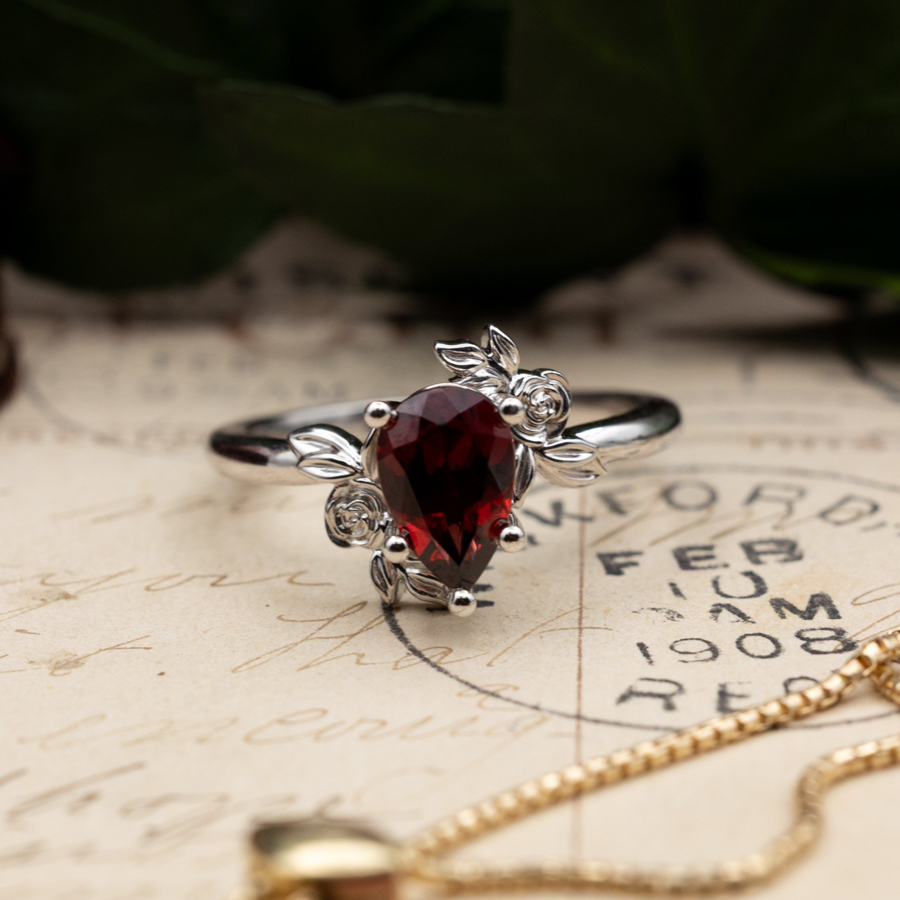 "Rosa" - Pear Cut Mozambique Garnet Engagement Ring With Flower Accents - 14K White Gold - Size 7-Staghead Designs