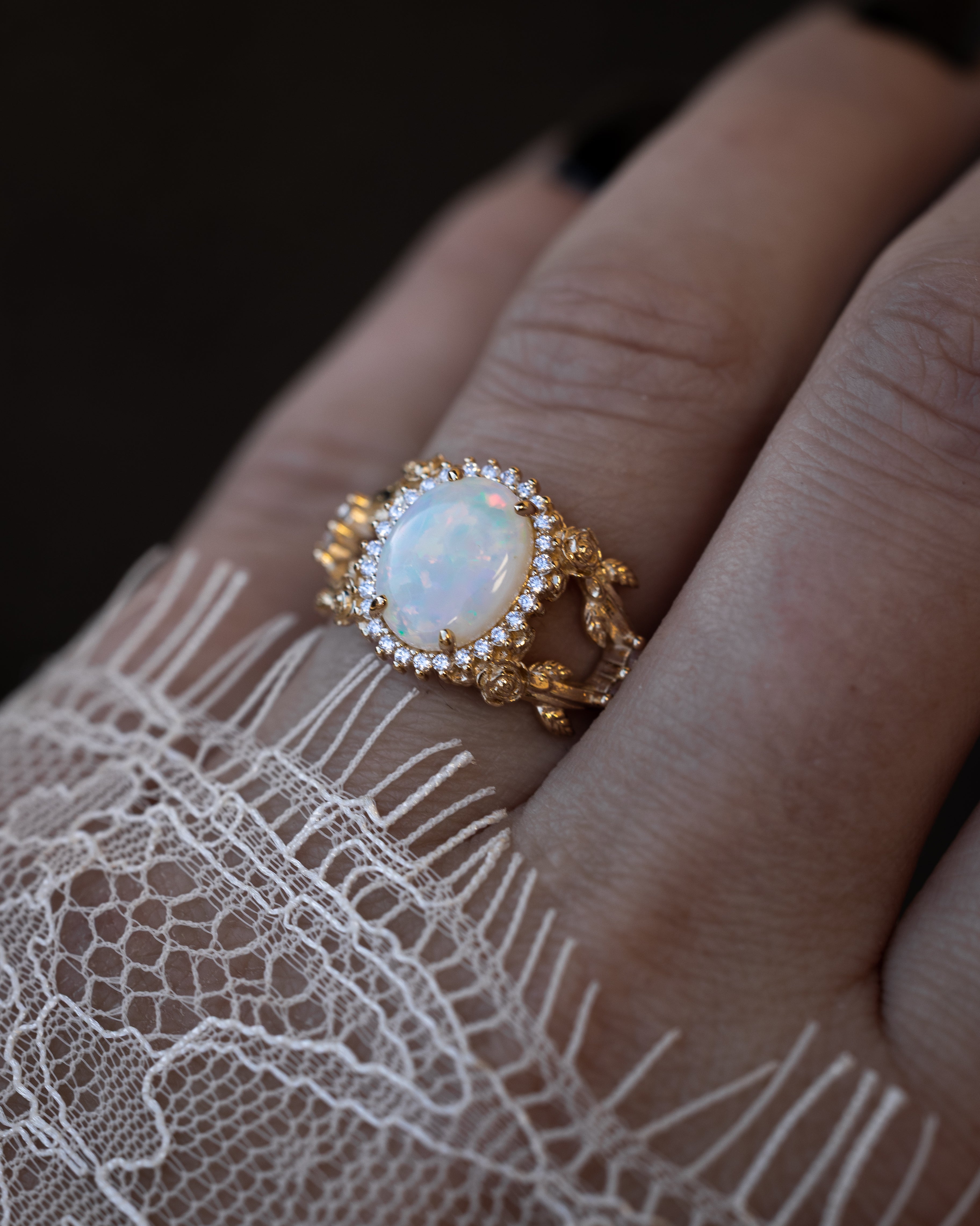 "ROSELLE" - OVAL CABOCHON CUT AUSTRALIAN OPAL ENGAGEMENT RING WITH DIAMOND & ROSE ACCENTS-Staghead Designs