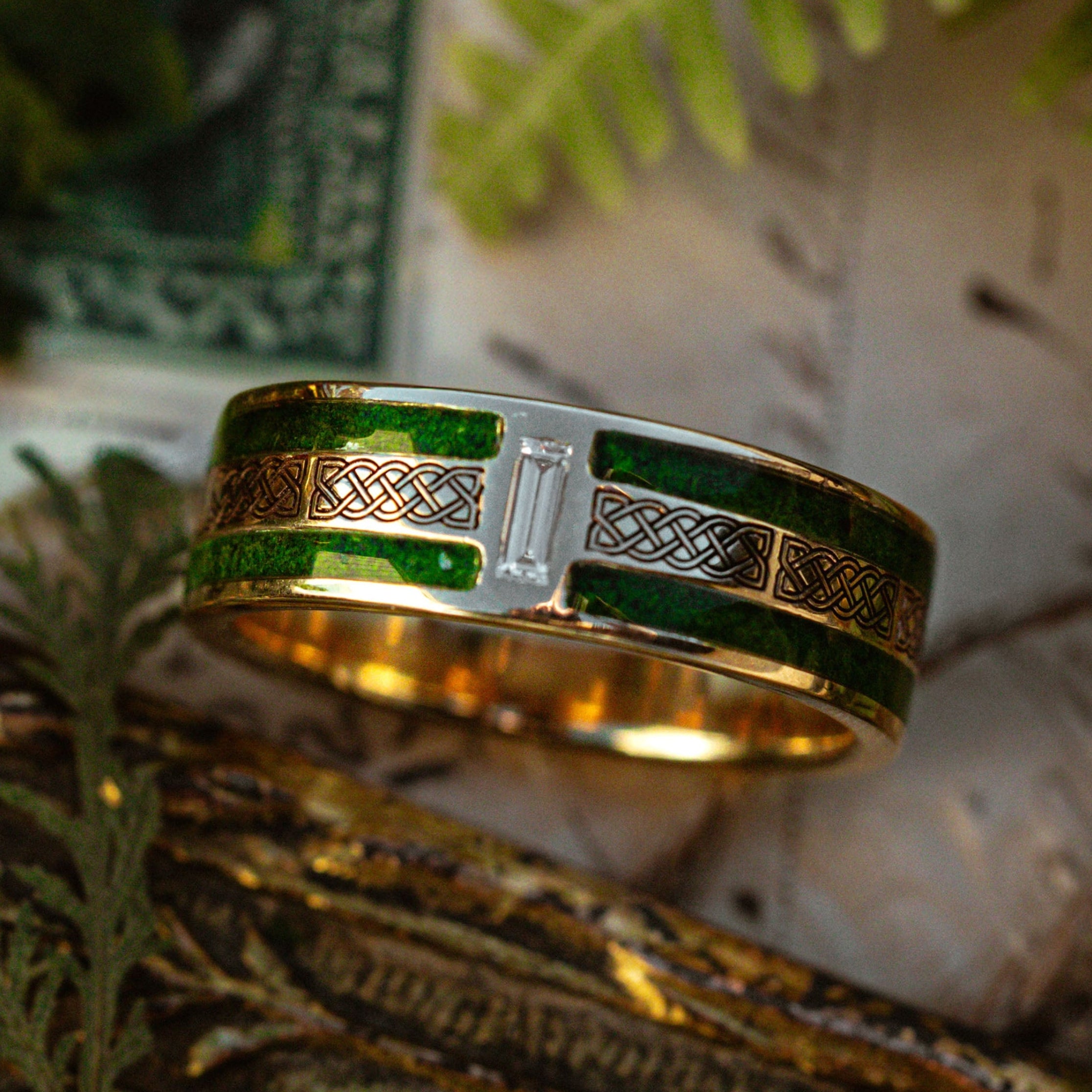 "Ryder" - Celtic Sailor's Knot Engraved Wedding Ring With Lab-Grown Diamond Accent & Moss Inlays-Staghead Designs