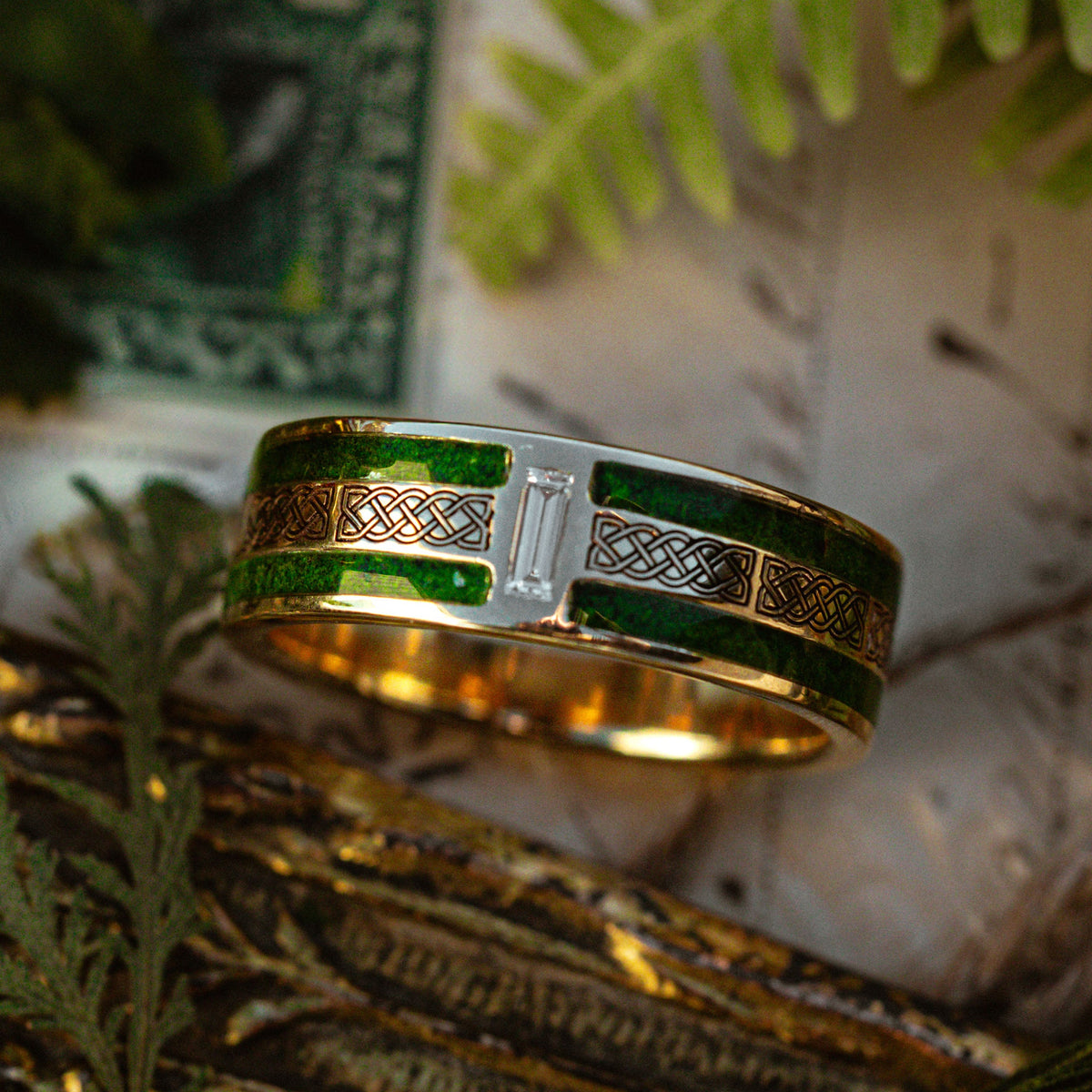 "Ryder" - Celtic Sailor's Knot Engraved Wedding Ring With Lab-Grown Diamond Accent & Moss Inlays-Staghead Designs