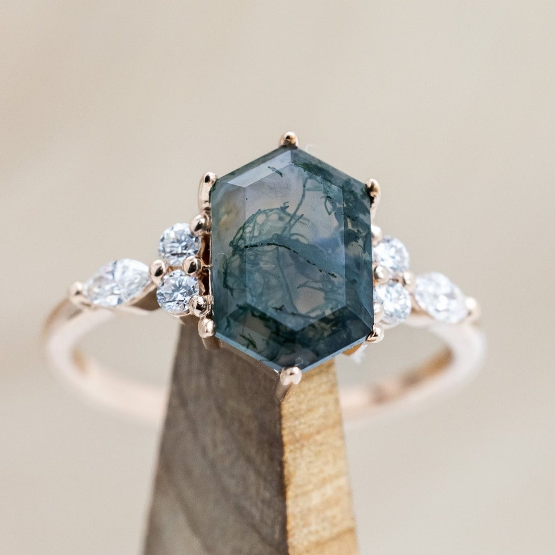 "SAGE" - ELONGATED HEXAGON CUT MOSS AGATE ENGAGEMENT RING WITH DIAMOND ACCENTS-Staghead Designs