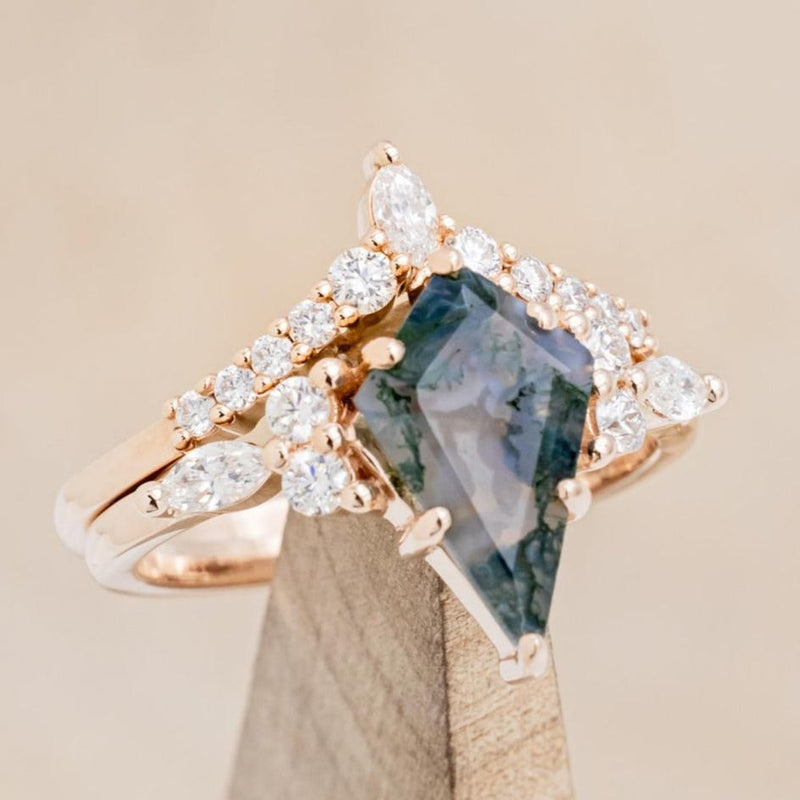 "SAGE" - KITE CUT MOSS AGATE ENGAGEMENT RING WITH DIAMOND ACCENTS & DIAMOND TRACER-1