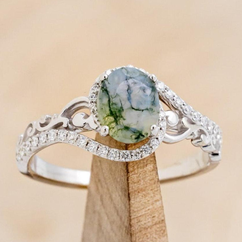 "SCARLET" - OVAL-SHAPED MOSS AGATE ENGAGEMENT RING WITH DIAMOND ACCENTS-1