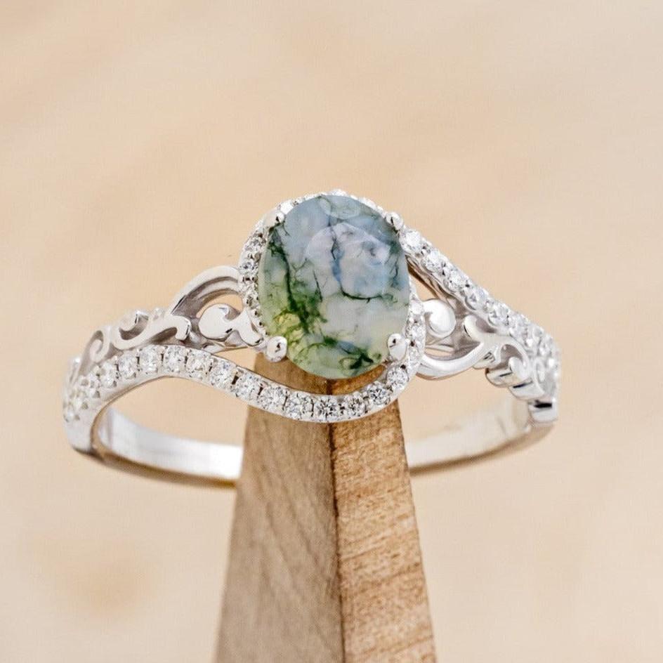 "SCARLET" - OVAL-SHAPED MOSS AGATE ENGAGEMENT RING WITH DIAMOND ACCENTS-1
