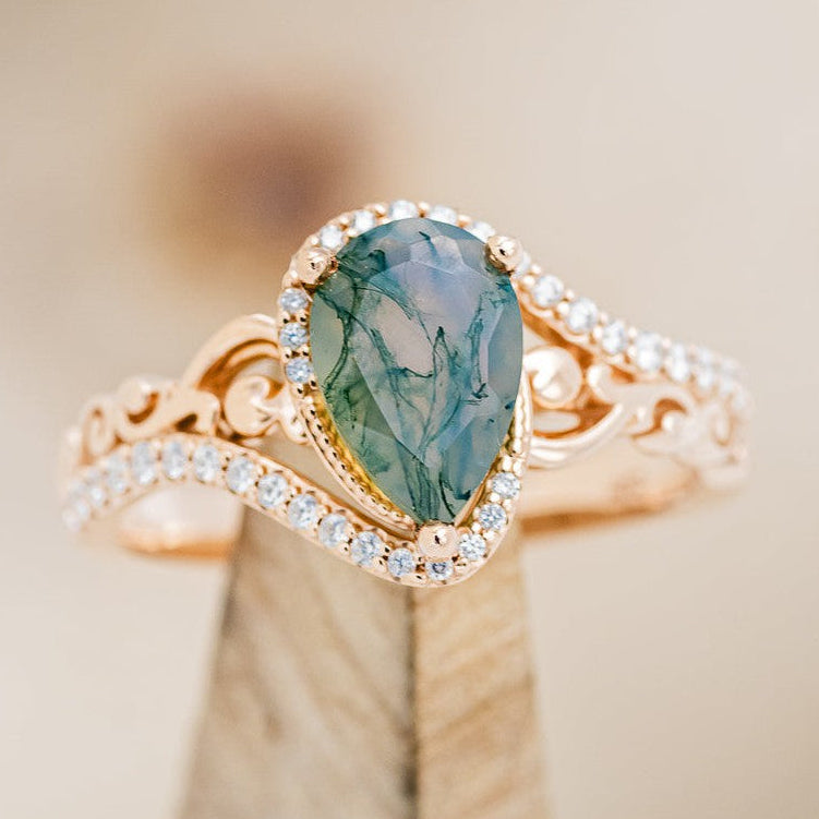 "SCARLET" - PEAR-SHAPED MOSS AGATE ENGAGEMENT RING WITH DIAMOND ACCENTS-1