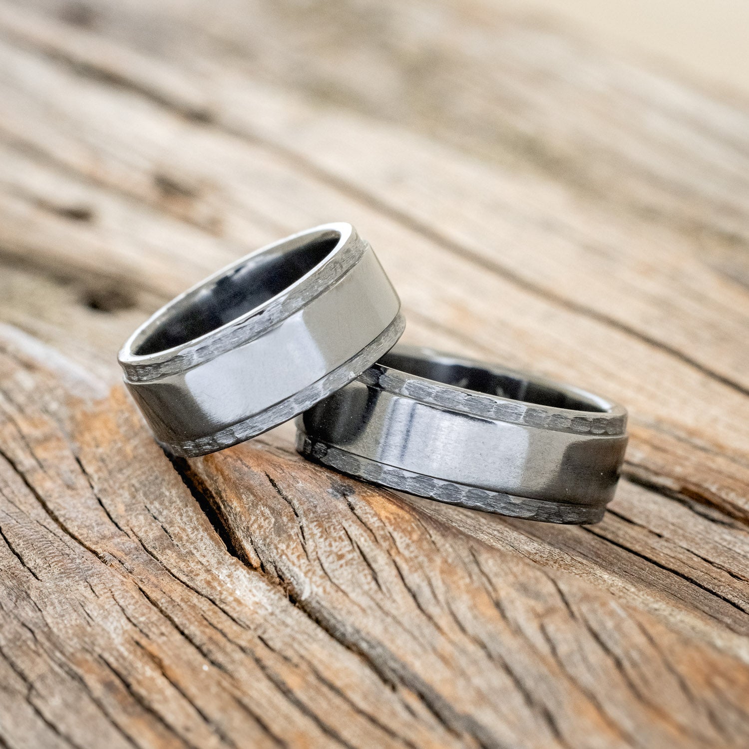 "SEDONA" - MATCHING SET OF BLACK ZIRCONIUM WEDDING RINGS WITH HAMMERED EDGES-Staghead Designs