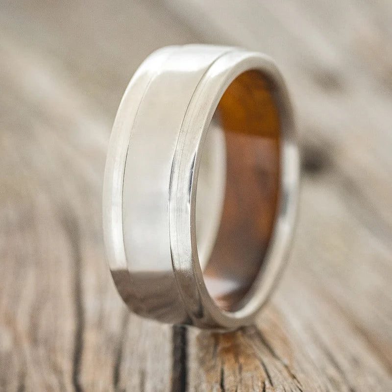 "SEDONA" - RAISED CENTER WEDDING RING WITH AN IRONWOOD LINED BAND - TITANIUM - SIZE 11-Staghead Designs