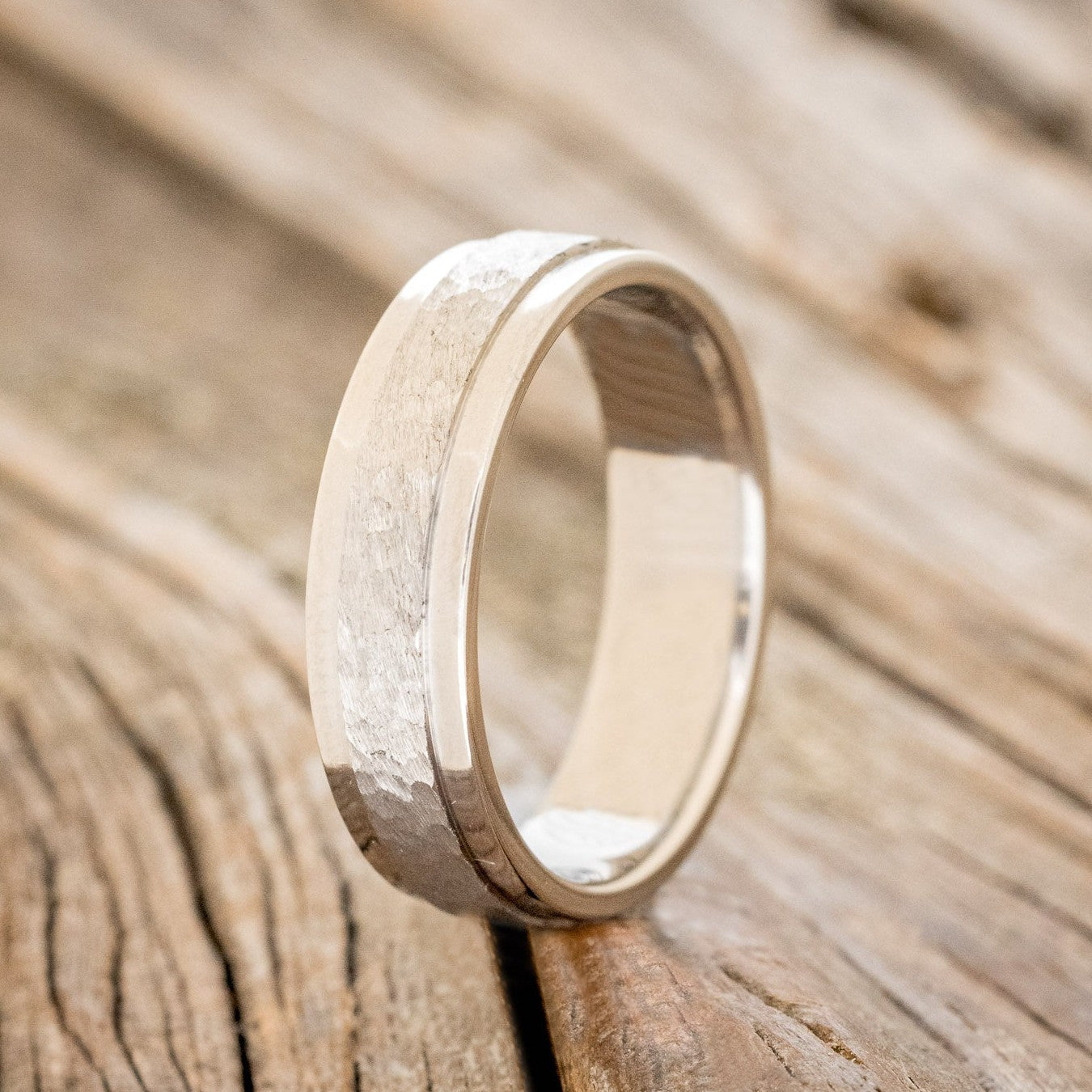 "SEDONA" - RAISED HAMMERED CENTER WEDDING RING FEATURING A 14K GOLD BAND-1