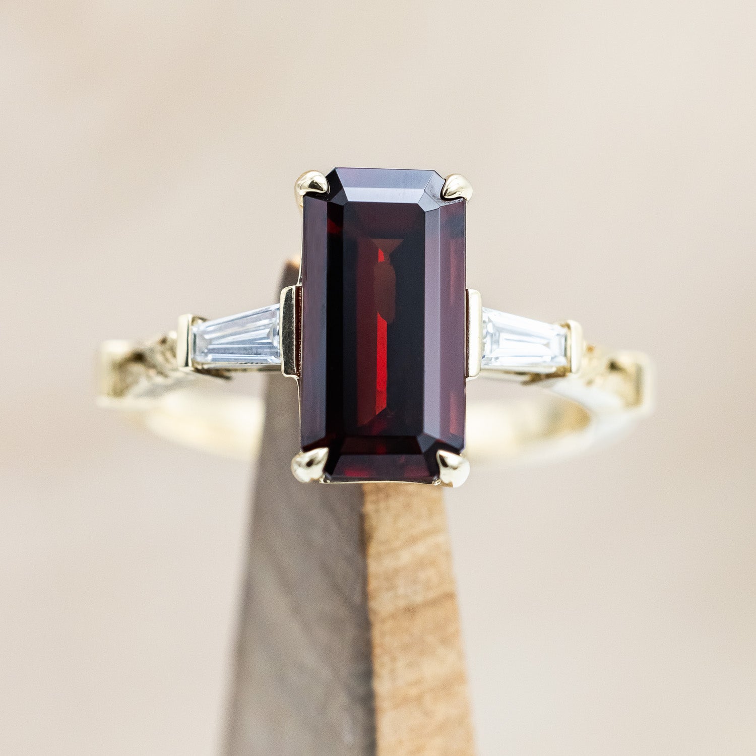 "SELENA" - EMERALD CUT MOZAMBIQUE GARNET ENGAGEMENT RING WITH DIAMOND ACCENTS-Staghead Designs