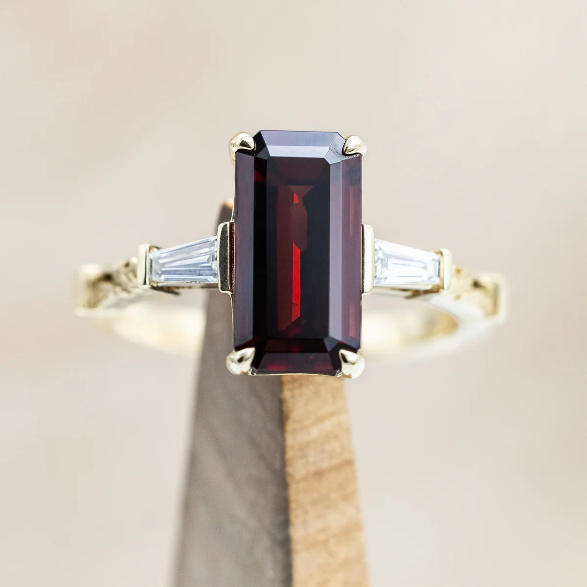 "Selena" - Emerald Cut Mozambique Garnet Engagement Ring With Diamond Accents - 14K Yellow Gold - Size 7
