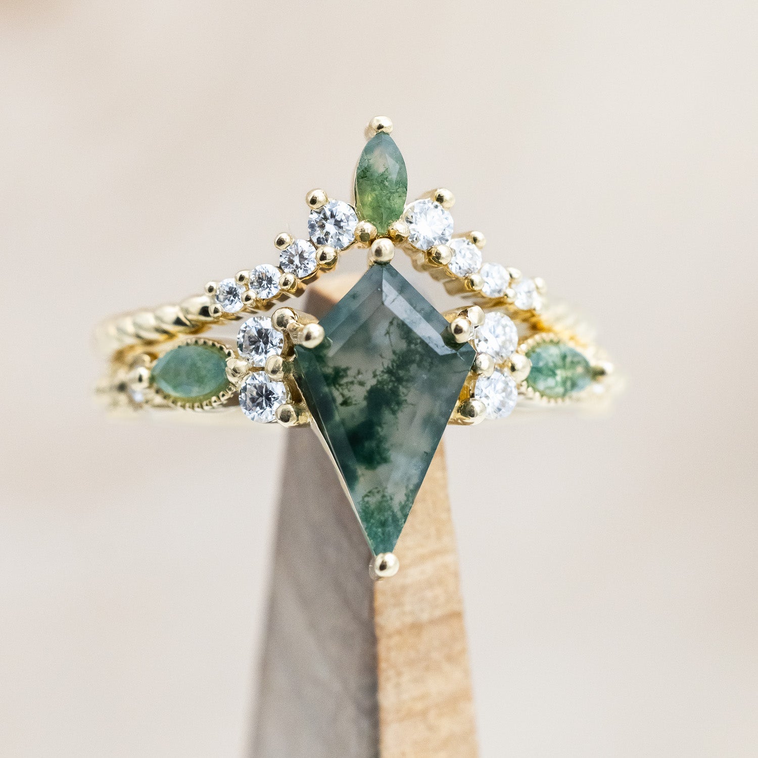 "SHIMMERING SAGE" - KITE CUT MOSS AGATE ENGAGEMENT RING WITH MARQUISE MOSS AGATE ACCENTS & A DIAMOND TRACER-Staghead Designs