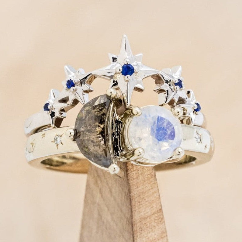 "SIDRA" - TOI ET MOI ROUND MOONSTONE ENGAGEMENT RING WITH A CRESCENT MOON SALT & PEPPER DIAMOND ACCENT & TRACER-1