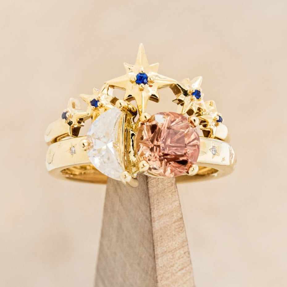 "SIDRA" - TOI ET MOI ROUND OREGON SUNSTONE ENGAGEMENT RING WITH A CRESCENT MOON MOISSANITE ACCENT & TRACER-1