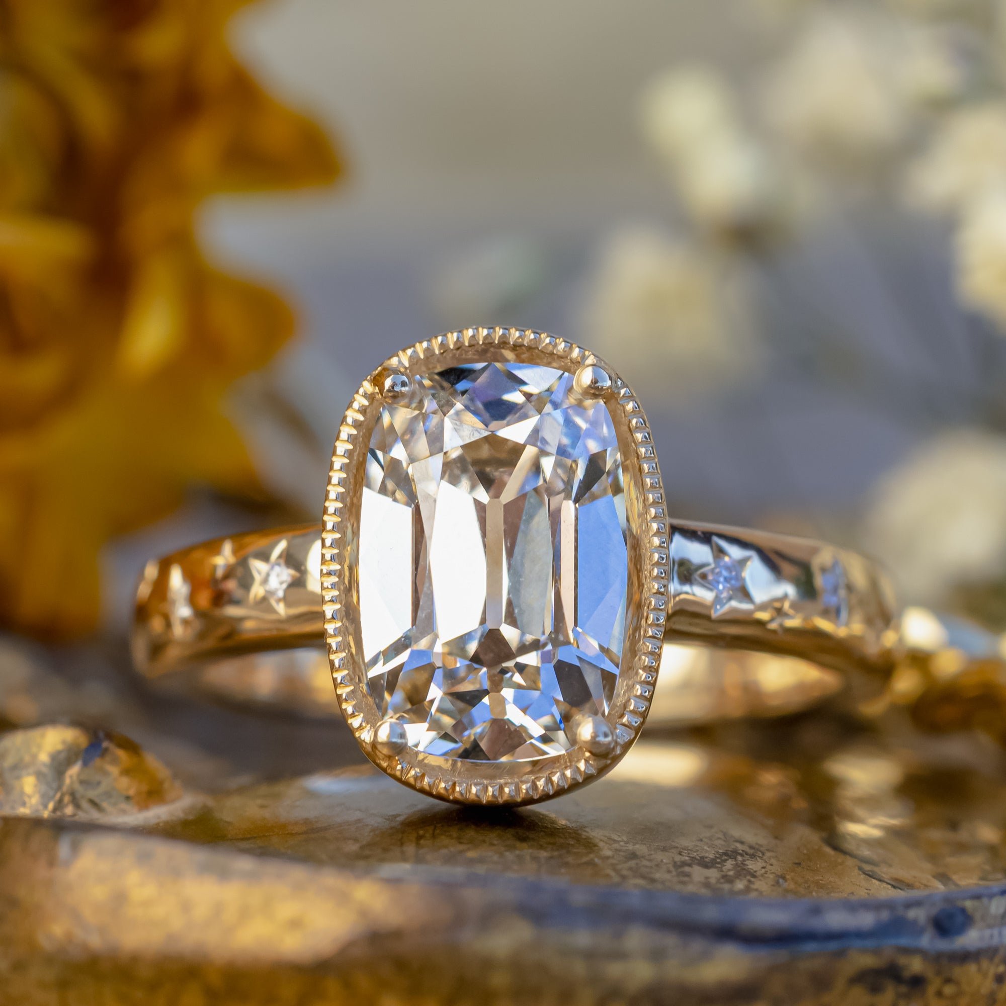 ONE-OF-A-KIND - "SIDRA" - OLD MINE CUT LAB-GROWN DIAMOND ENGAGEMENT RING WITH DIAMOND ACCENTS ON A STAR-ENGRAVED BAND-Staghead Designs