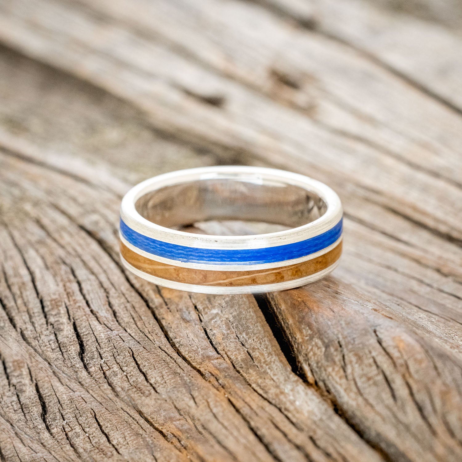"DYAD" - WHISKEY BARREL OAK & BLUE FISHING LINE INLAY WEDDING BAND IN A BRUSHED FINISH-3