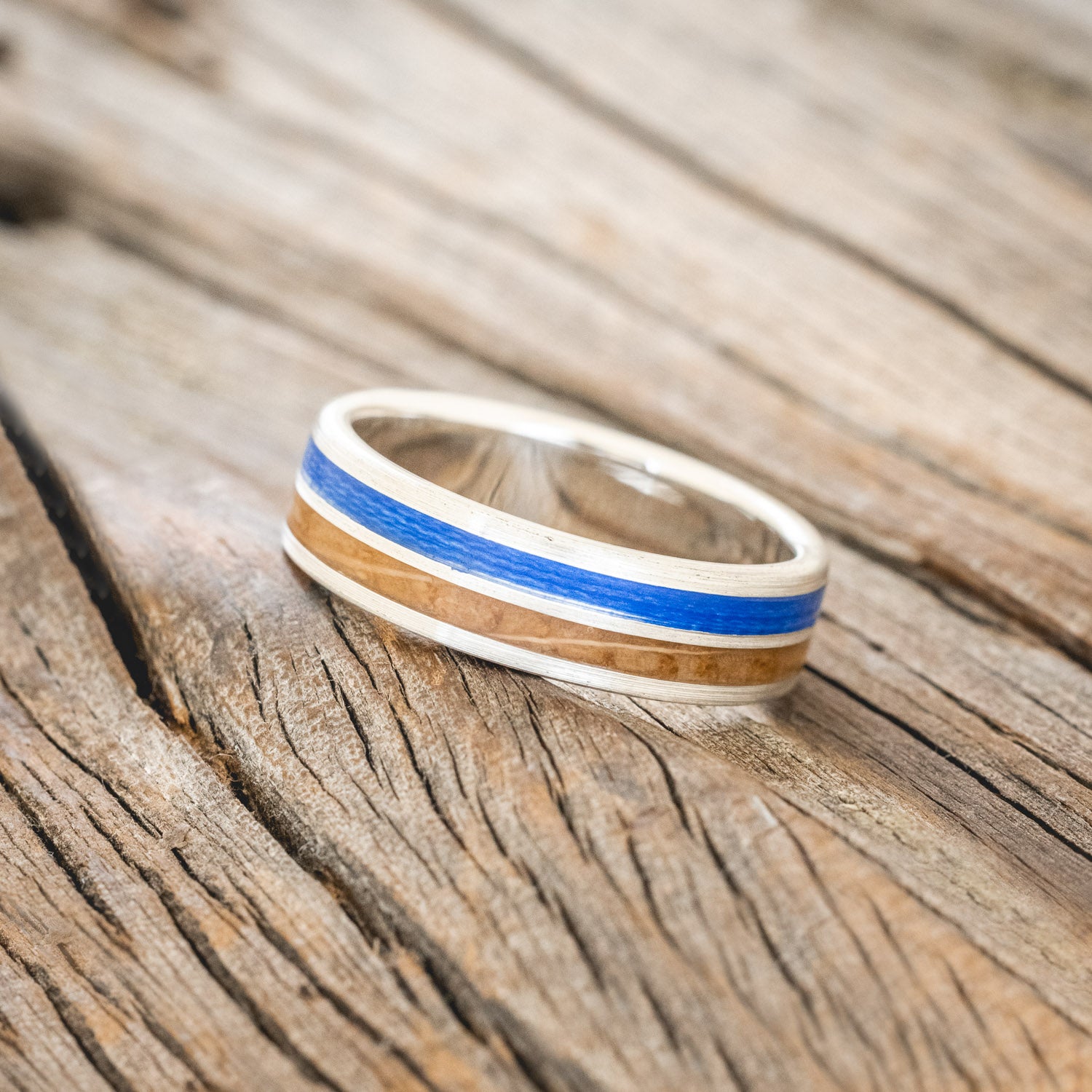 "DYAD" - WHISKEY BARREL OAK & BLUE FISHING LINE INLAY WEDDING BAND IN A BRUSHED FINISH-2