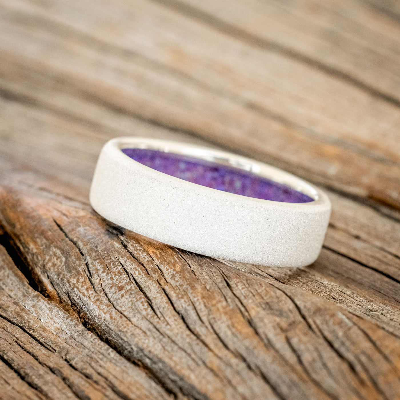 LAVENDER OPAL LINED WEDDING BAND WITH A SANDBLASTED FINISH