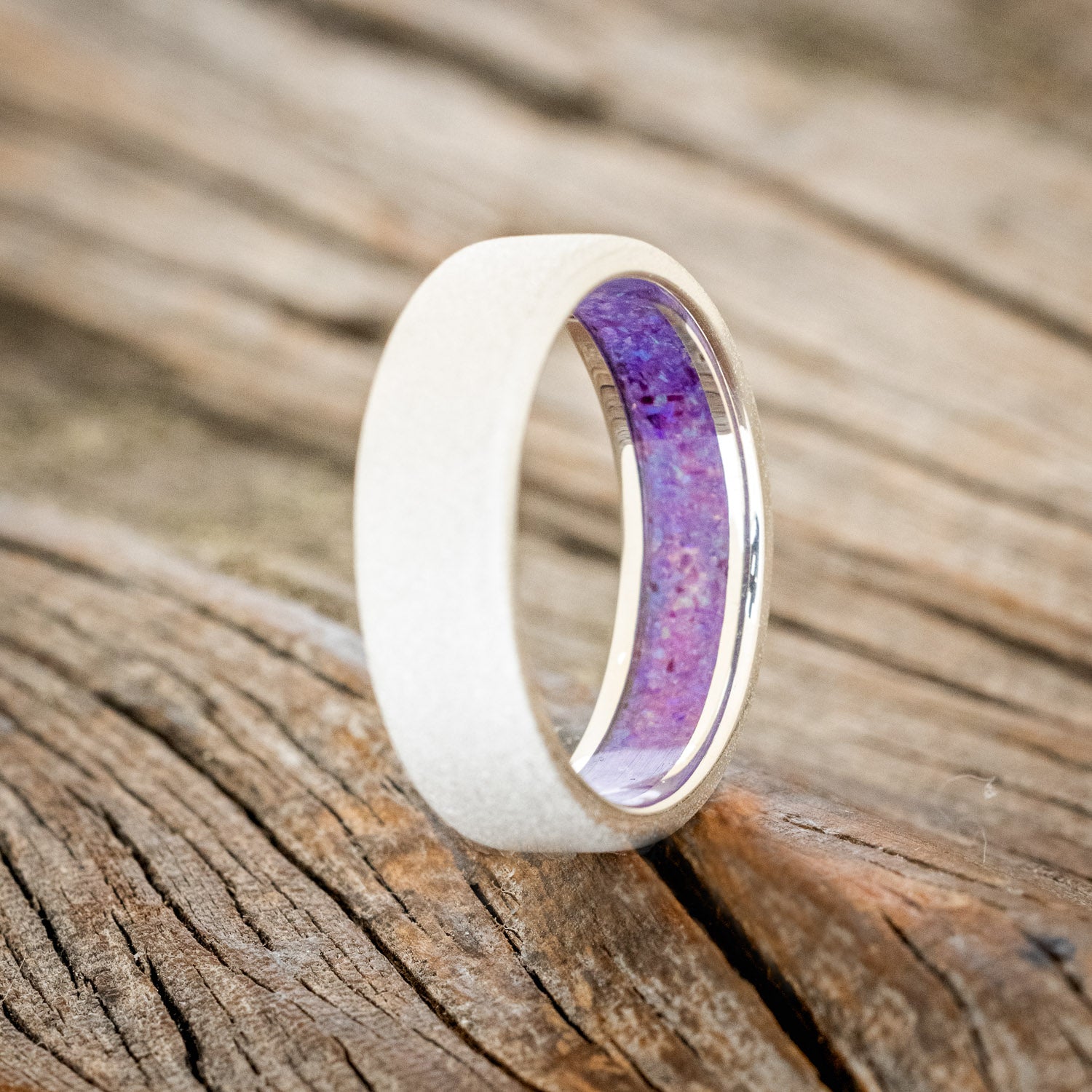 LAVENDER OPAL LINED WEDDING BAND WITH A SANDBLASTED FINISH-10