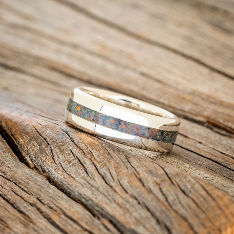 "NIRVANA" - DOMED WEDDING BAND WITH BLACK FIRE OPAL INLAY