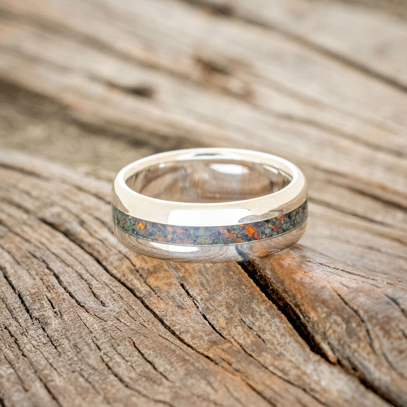 "NIRVANA" - DOMED WEDDING BAND WITH BLACK FIRE OPAL INLAY-3