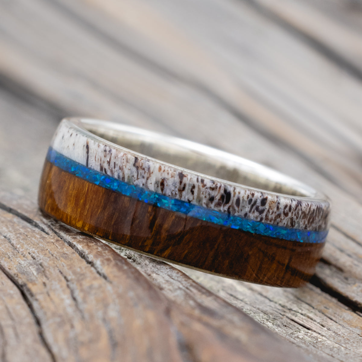 "Argos" - Ironwood, Crushed Blue Opal & Antler Wedding Band-Staghead Designs