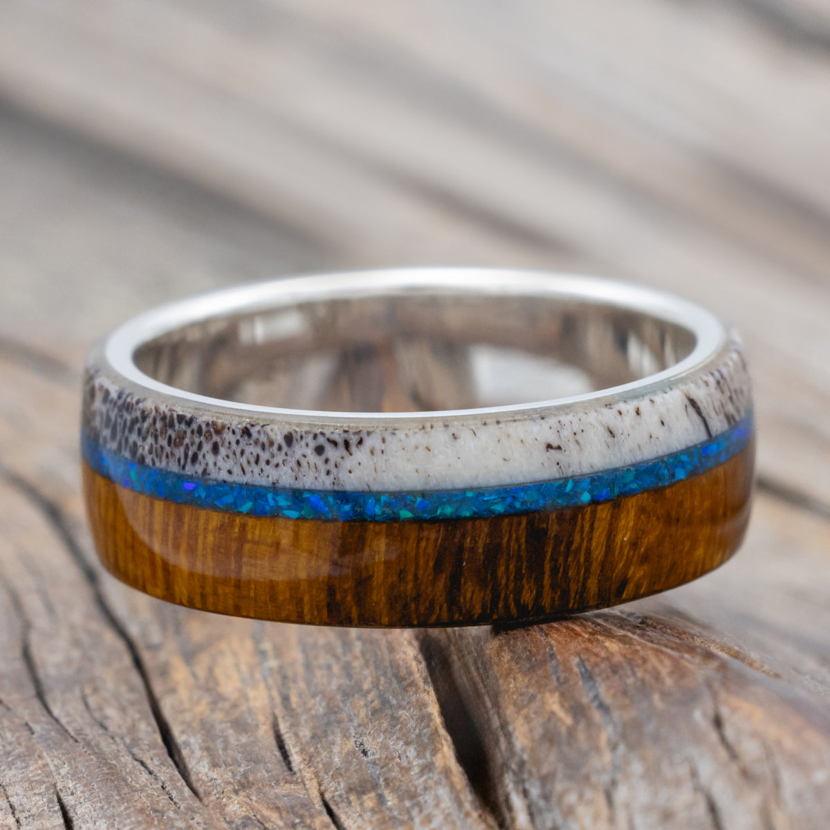 "Argos" - Ironwood, Crushed Blue Opal & Antler Wedding Band-Staghead Designs