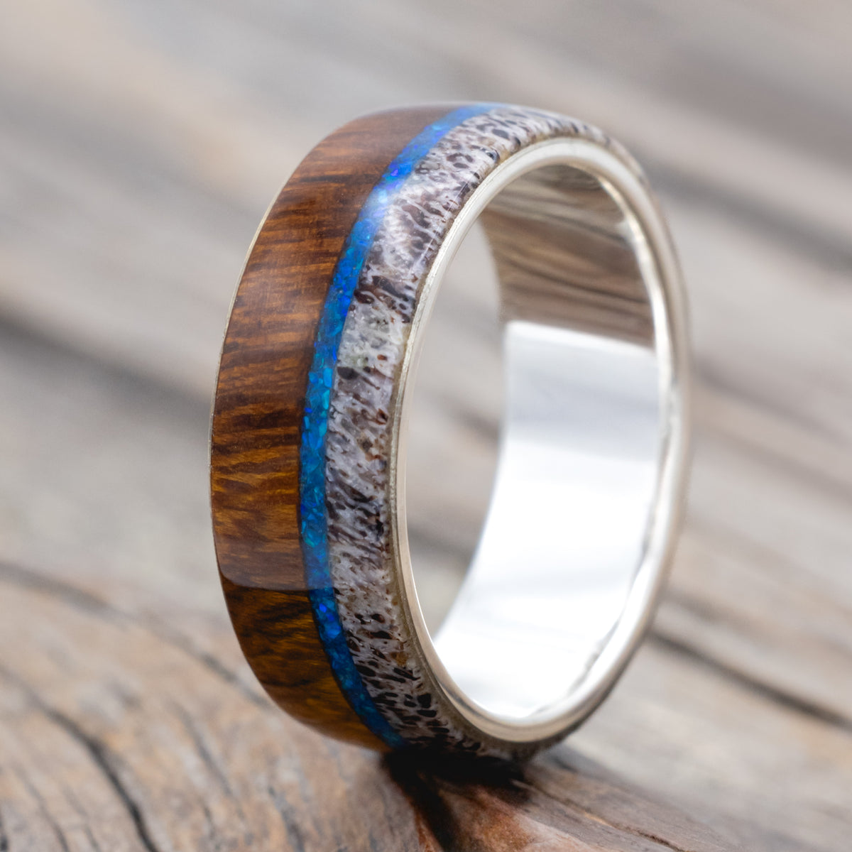 "Argos" - Ironwood, Crushed Blue Opal & Antler Wedding Band-Staghead Designs