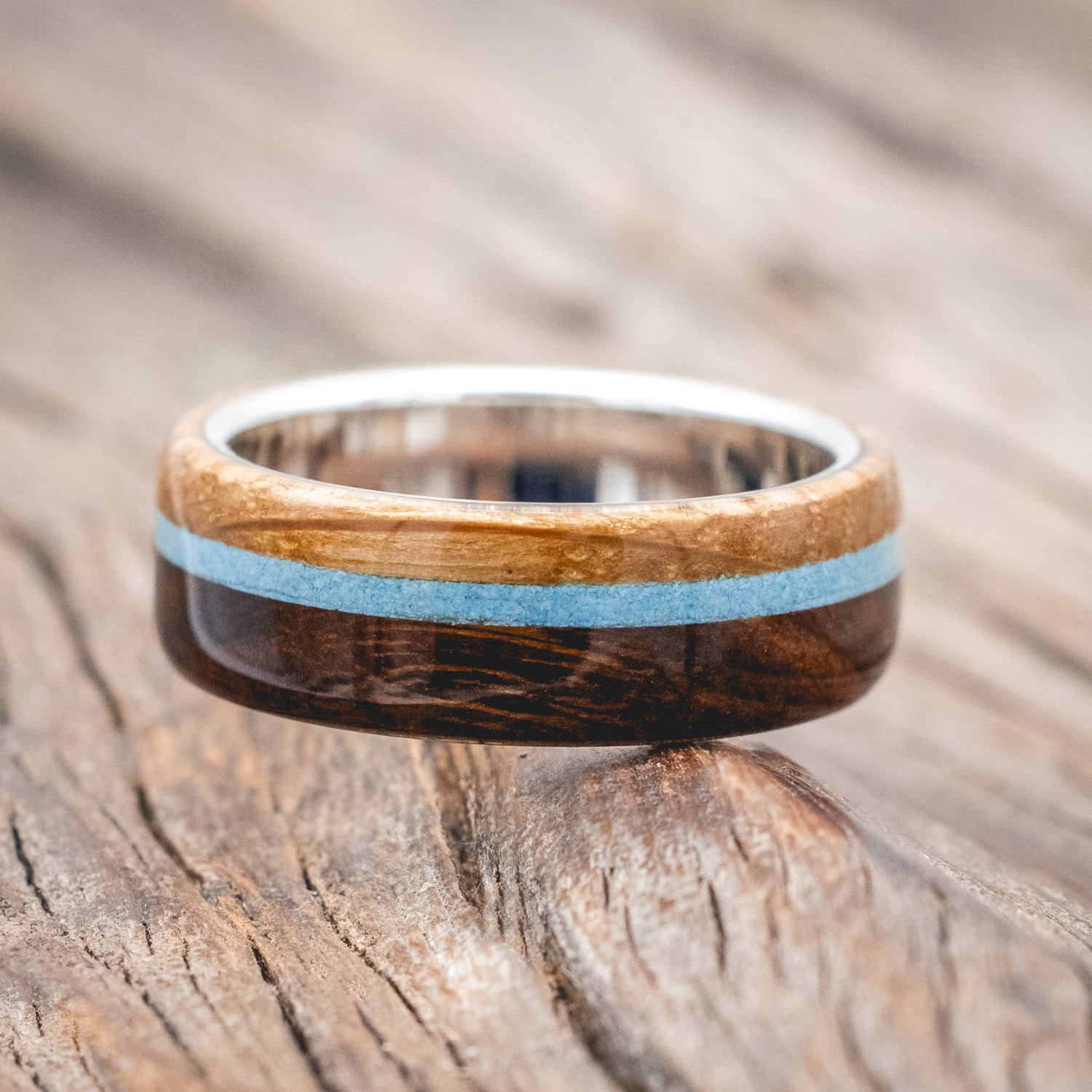 "ARGOS" - IRONWOOD, TURQUOISE & WHISKEY BARREL OAK WEDDING RING-Staghead Designs