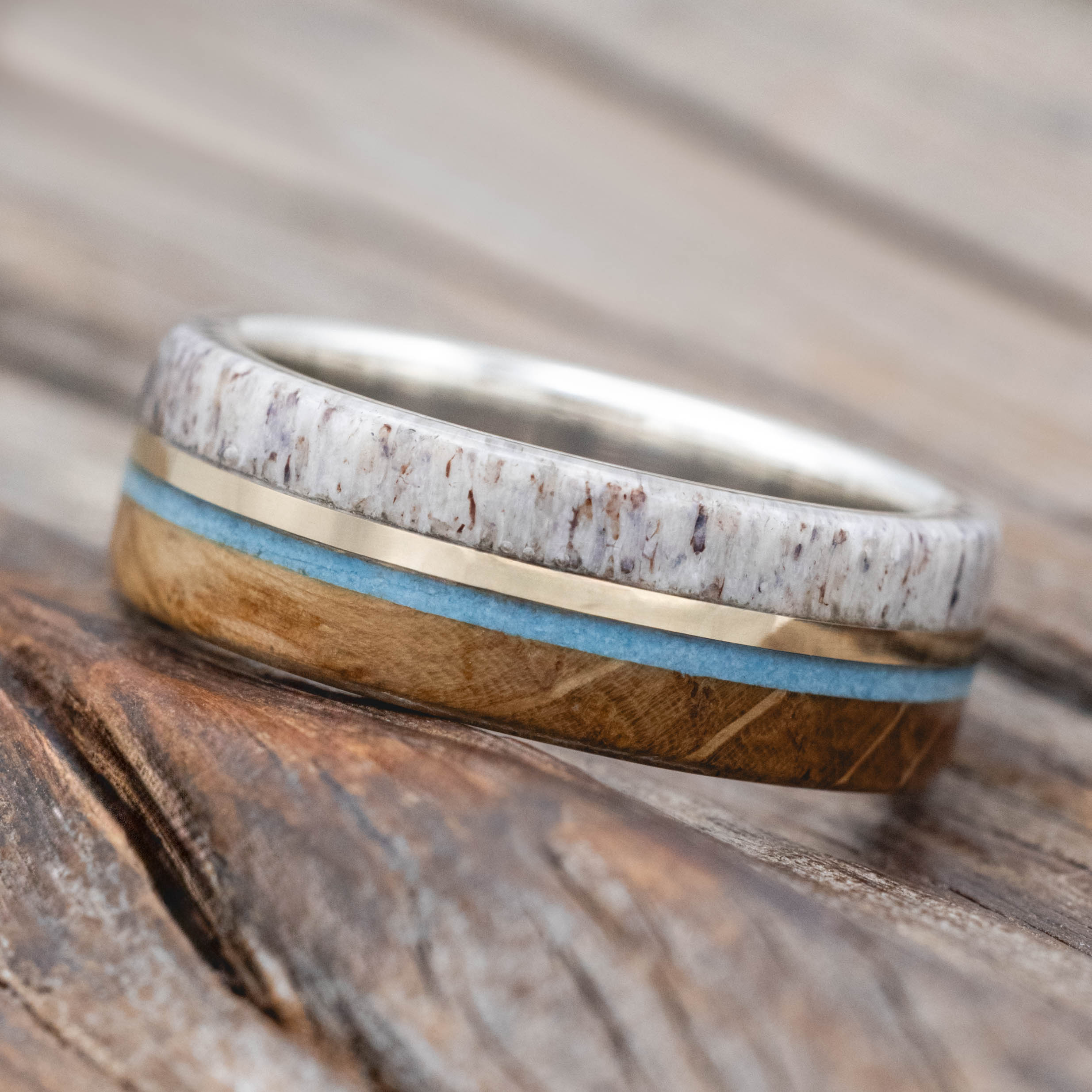 "ARGOS" - WHISKEY BARREL OAK, TURQUOISE, ANTLER & 14K GOLD INLAY WEDDING BAND-Staghead Designs