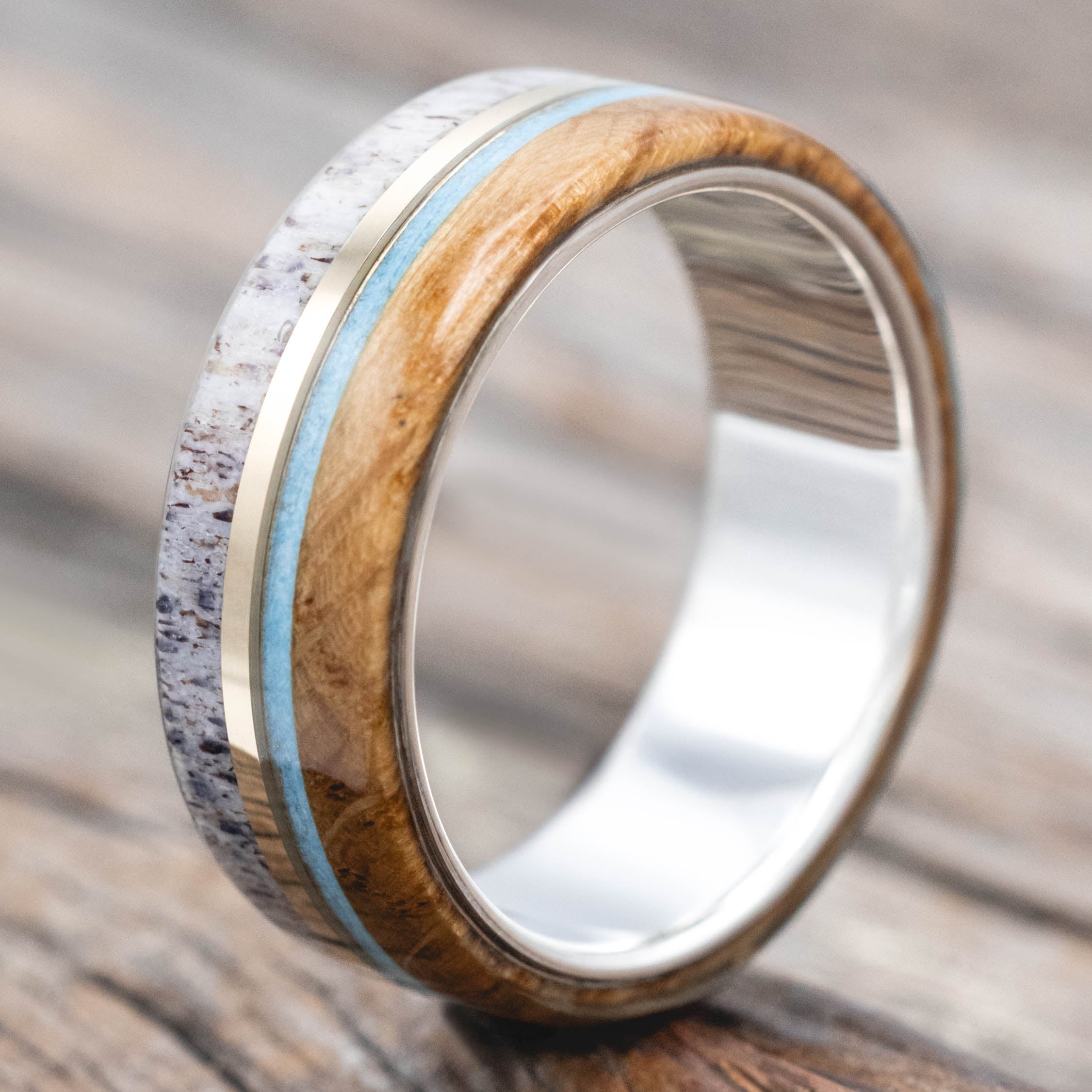 "ARGOS" - WHISKEY BARREL OAK, TURQUOISE, ANTLER & 14K GOLD INLAY WEDDING BAND-Staghead Designs