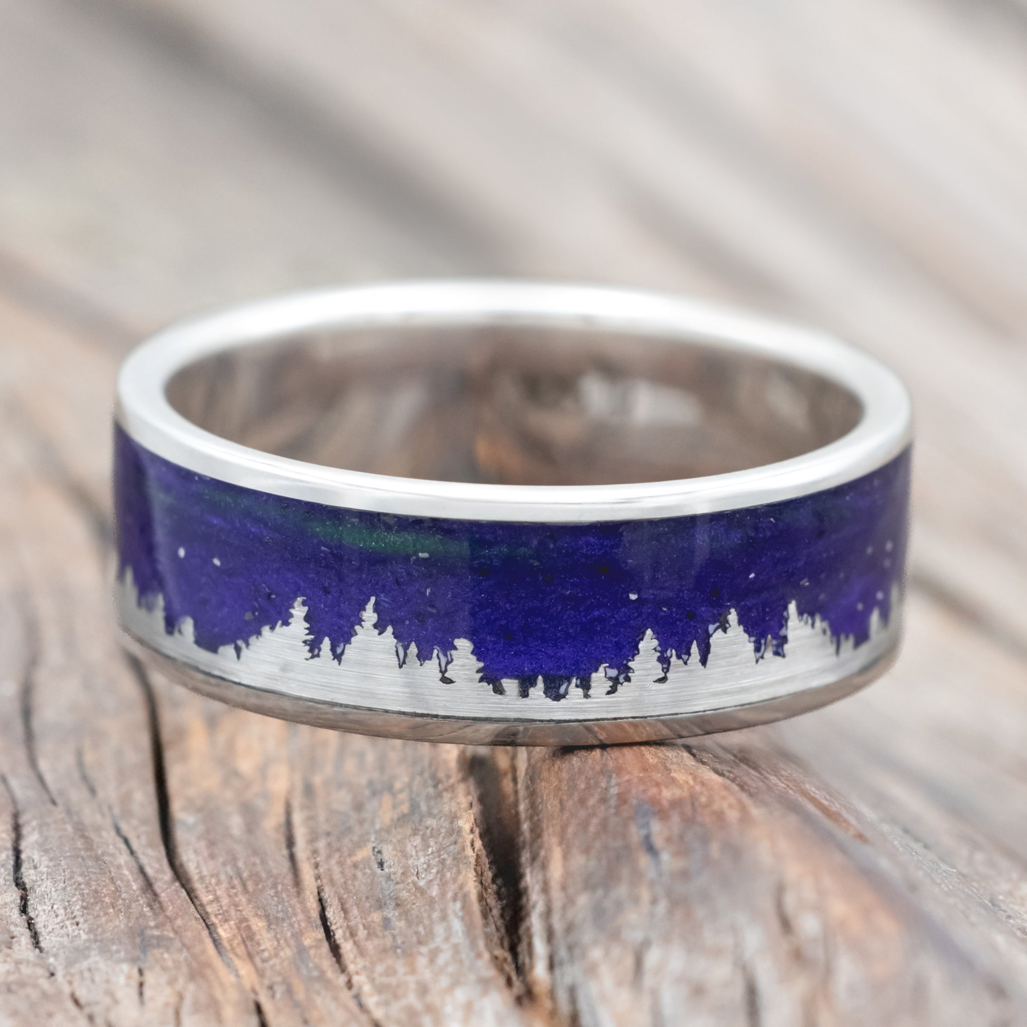 "BOREALIS" - SILVER TREES ENGRAVED WEDDING RING WITH GLOW IN THE DARK NORTHERN LIGHTS-Staghead Designs