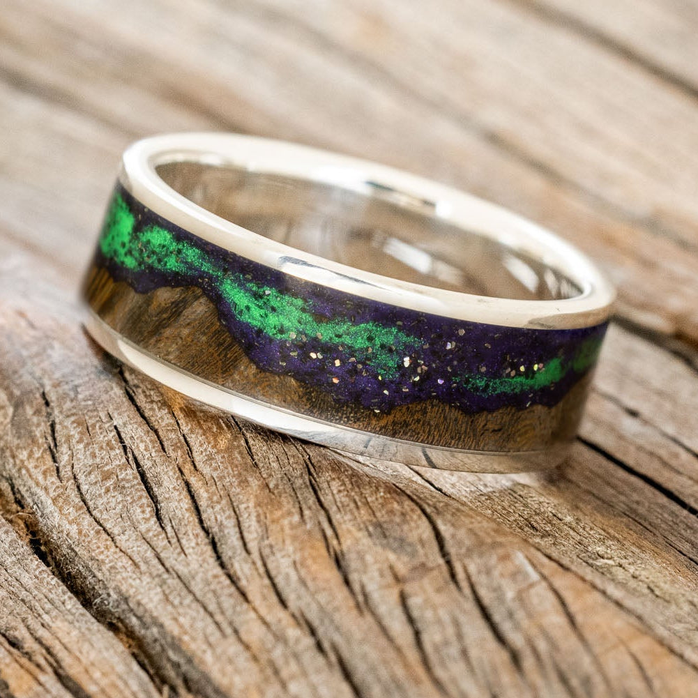 "BOREALIS" - MOUNTAIN ENGRAVED WEDDING RING WITH DARK MAPLE WOOD & GLOW IN THE DARK NORTHERN LIGHTS-19