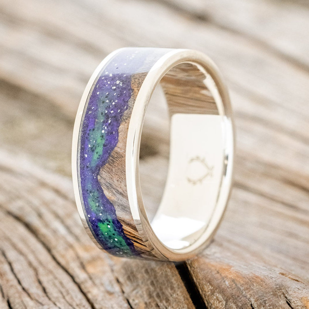 "BOREALIS" - MOUNTAIN ENGRAVED WEDDING RING WITH GLOW IN THE DARK NORTHERN LIGHTS-Staghead Designs