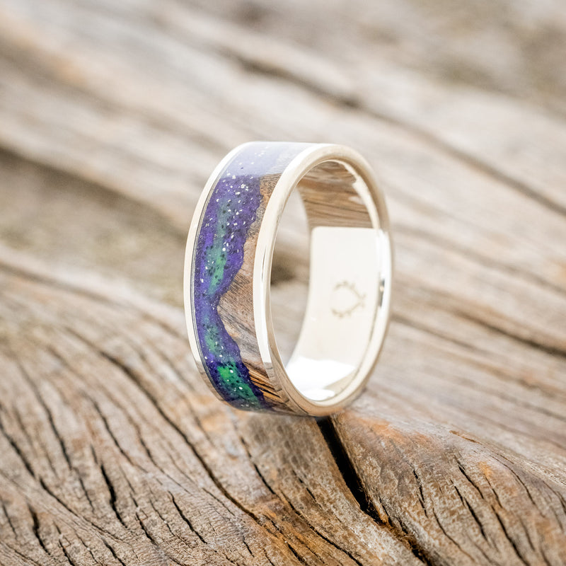 "BOREALIS" - MOUNTAIN ENGRAVED WEDDING RING WITH GLOW IN THE DARK NORTHERN LIGHTS-Staghead Designs