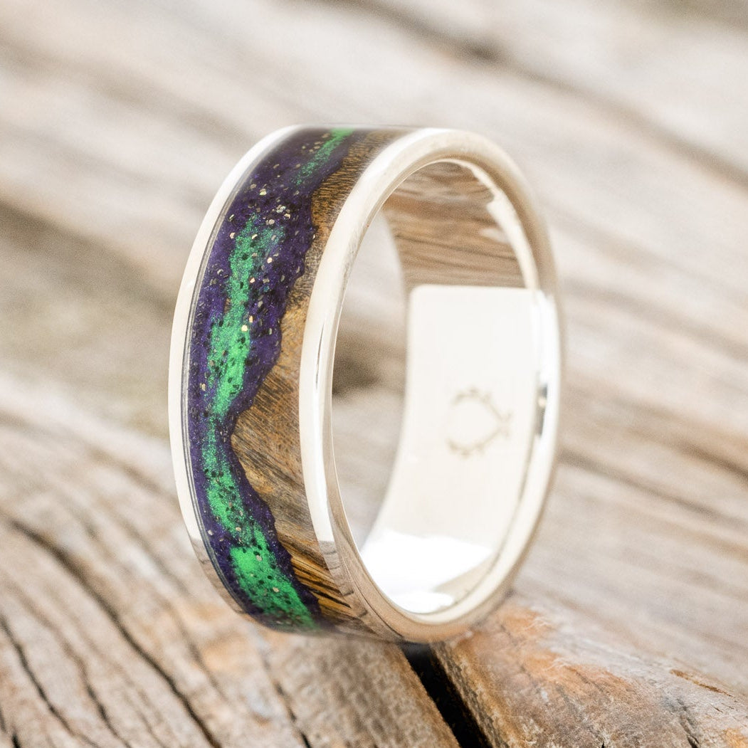 "BOREALIS" - MOUNTAIN ENGRAVED WEDDING RING WITH GLOW IN THE DARK NORTHERN LIGHTS-Staghead Designs