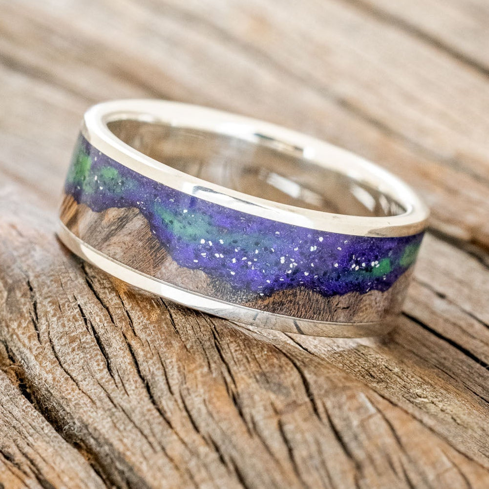 "BOREALIS" - MOUNTAIN ENGRAVED WEDDING RING WITH DARK MAPLE WOOD & GLOW IN THE DARK NORTHERN LIGHTS-16