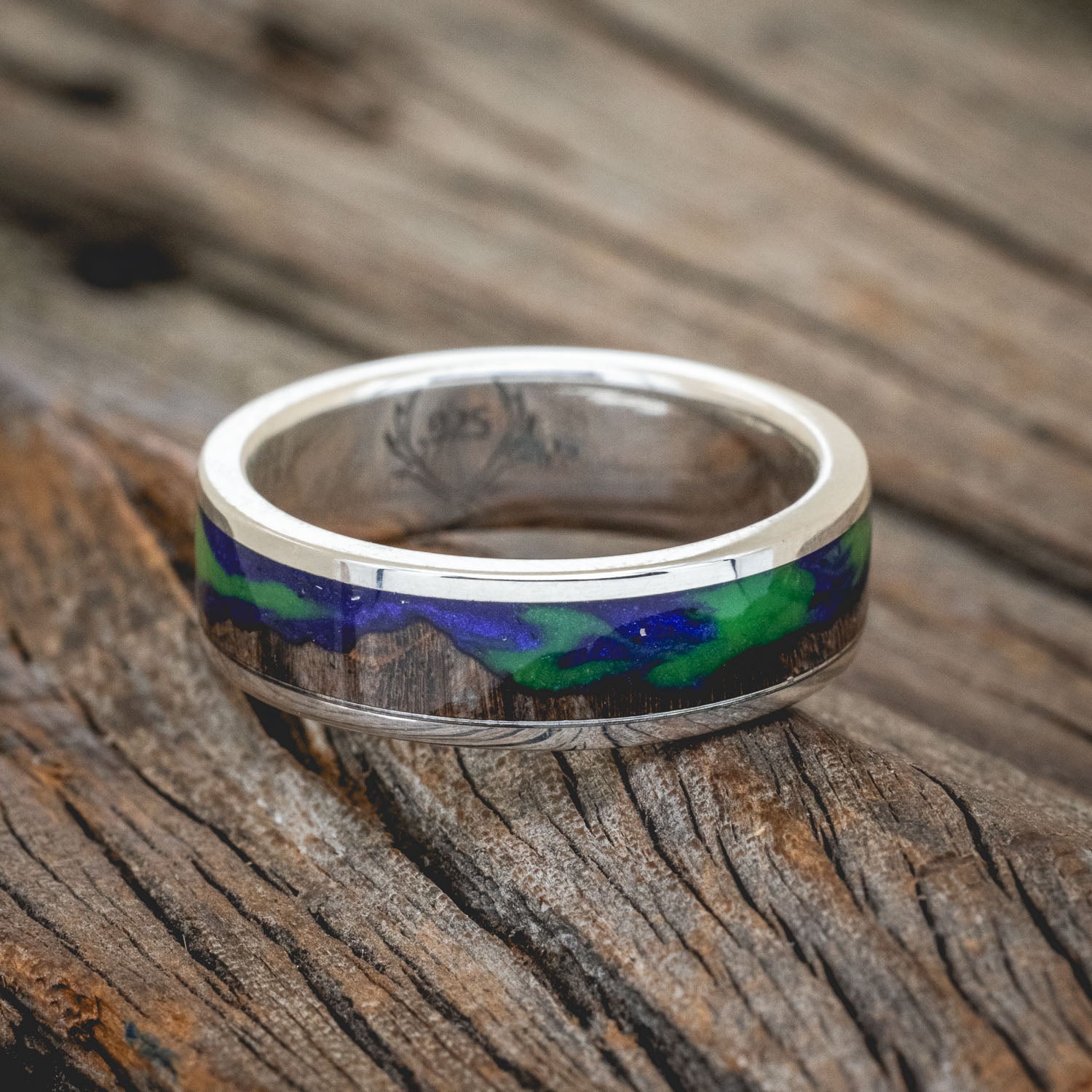"BOREALIS" - MOUNTAIN ENGRAVED WEDDING RING WITH DARK MAPLE WOOD & GLOW IN THE DARK NORTHERN LIGHTS-3
