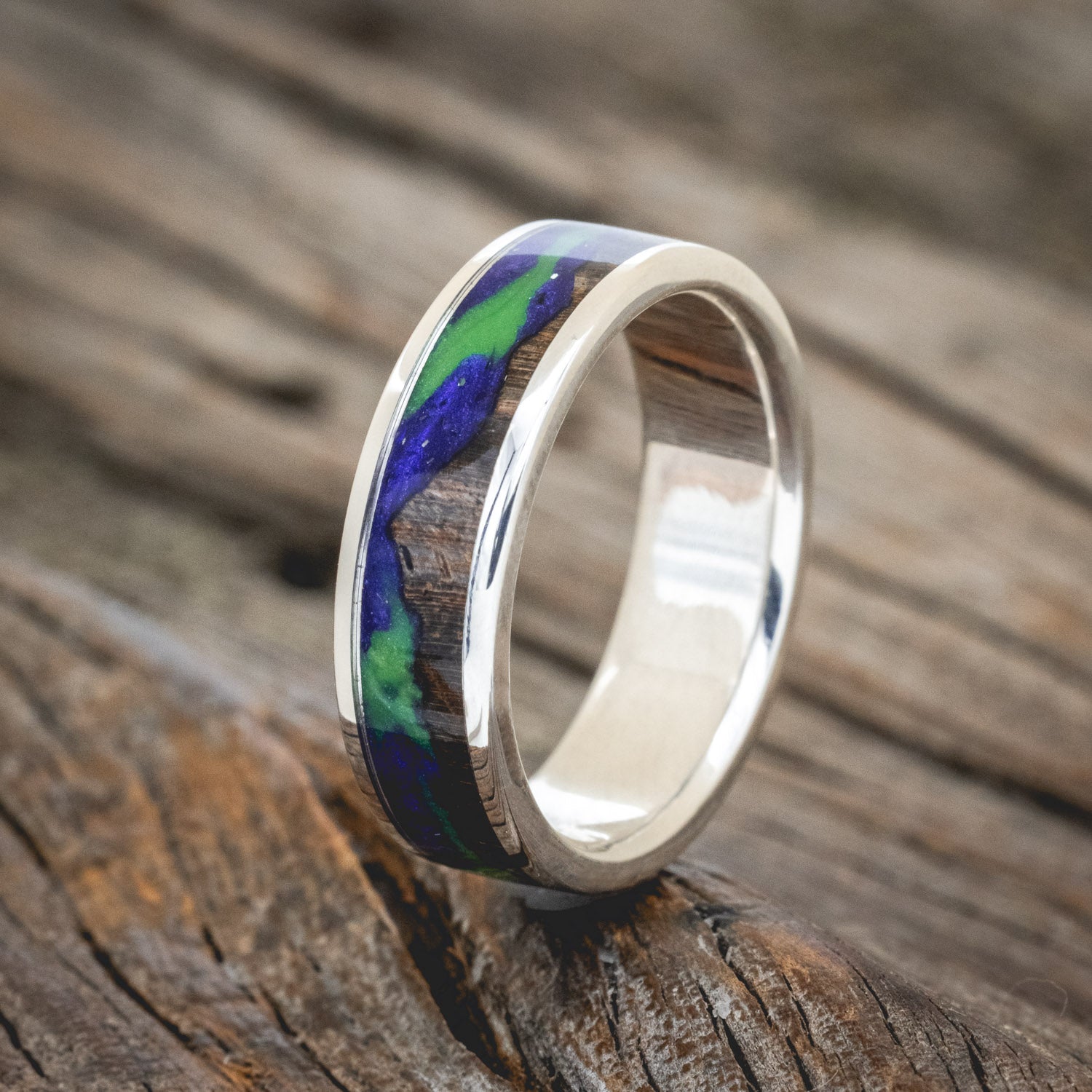 "BOREALIS" - MOUNTAIN ENGRAVED WEDDING RING WITH DARK MAPLE WOOD & GLOW IN THE DARK NORTHERN LIGHTS-2