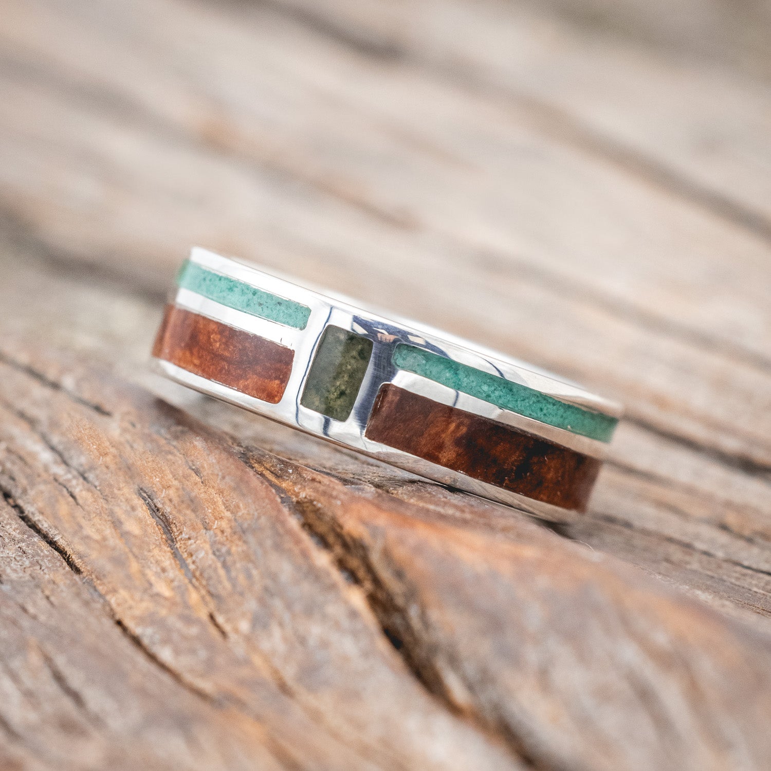 "BOWER" - REDWOOD, MALACHITE & MOSS AGATE WEDDING BAND-Staghead Designs