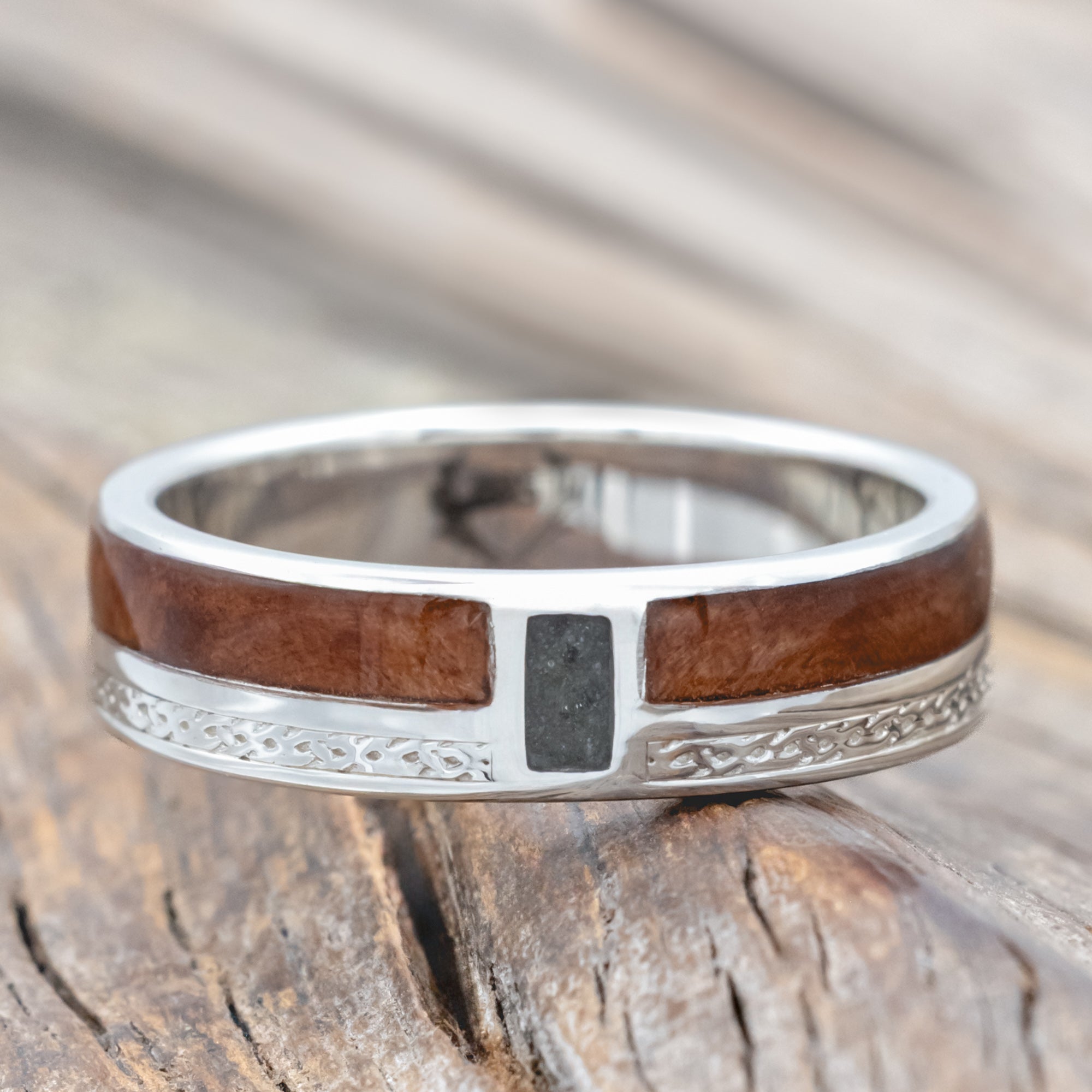 "BOWER" - REDWOOD & MOSS AGATE WEDDING BAND WITH AN ENGRAVING OF A CELTIC SAILOR'S KNOT-Staghead Designs
