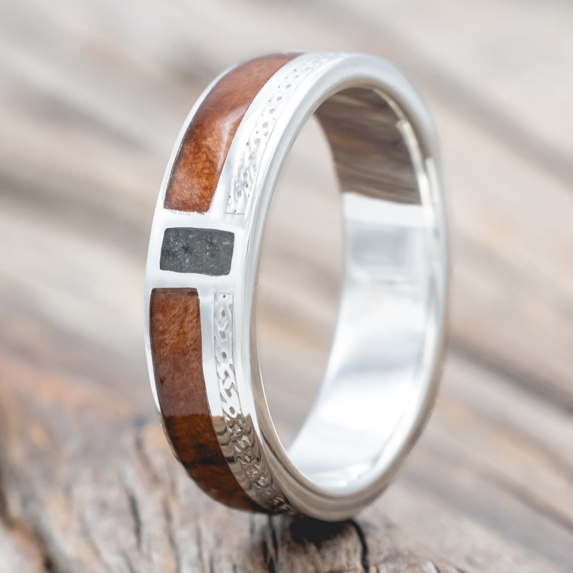 "BOWER" - REDWOOD & MOSS AGATE WEDDING BAND WITH AN ENGRAVING OF A CELTIC SAILOR'S KNOT-Staghead Designs