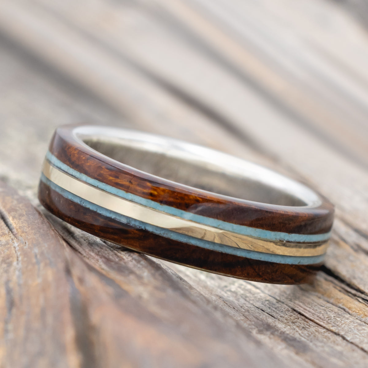 "Canyon" - Ironwood, Turquoise & 14K Gold Inlay Wedding Band-Staghead Designs