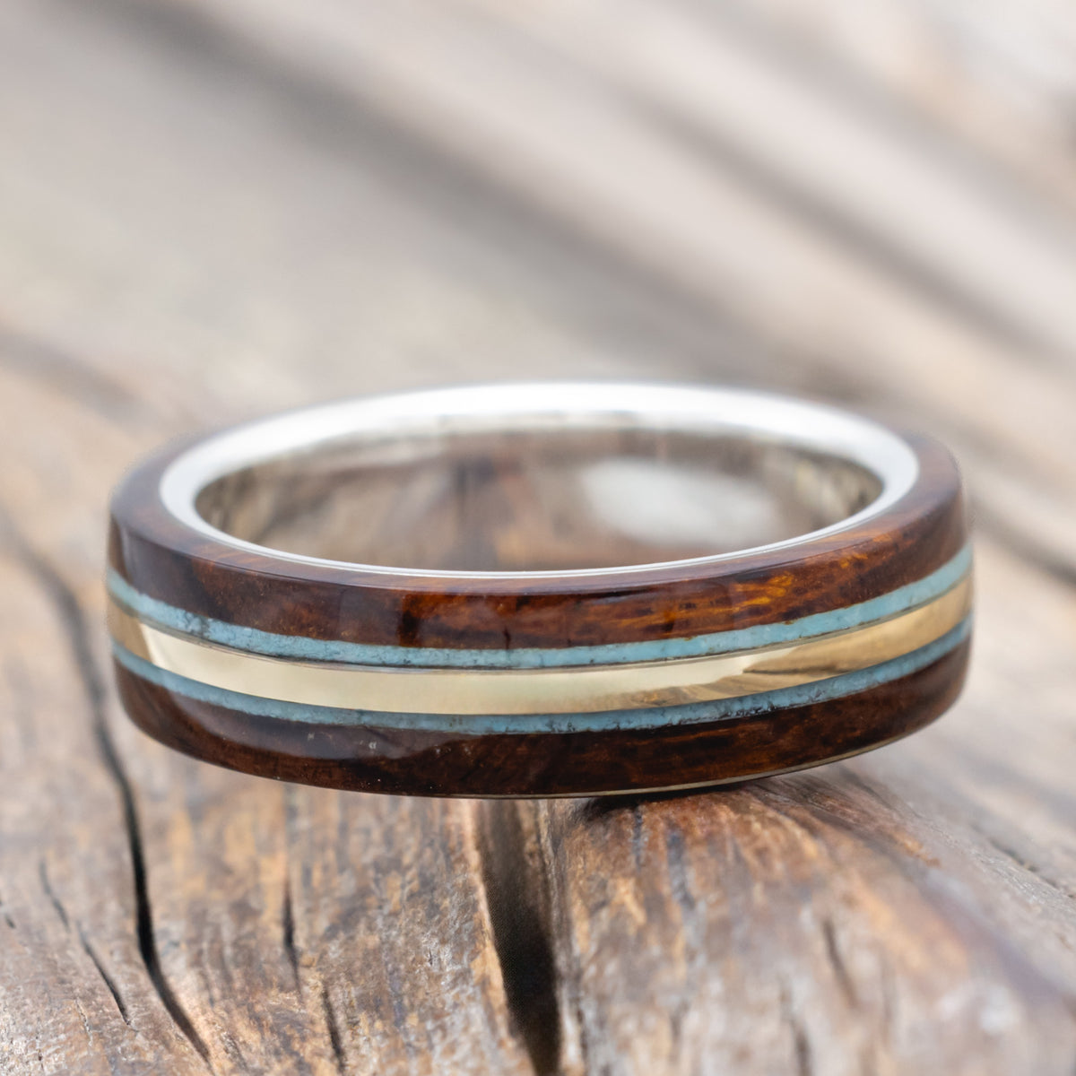 "Canyon" - Ironwood, Turquoise & 14K Gold Inlay Wedding Band-Staghead Designs