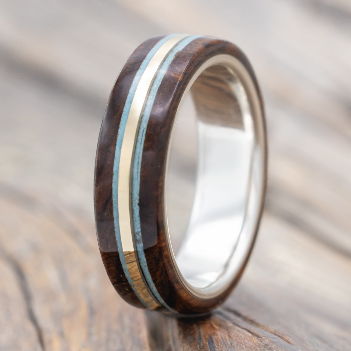 "Canyon" - Ironwood, Turquoise & 14K Gold Inlay Wedding Band-Staghead Designs
