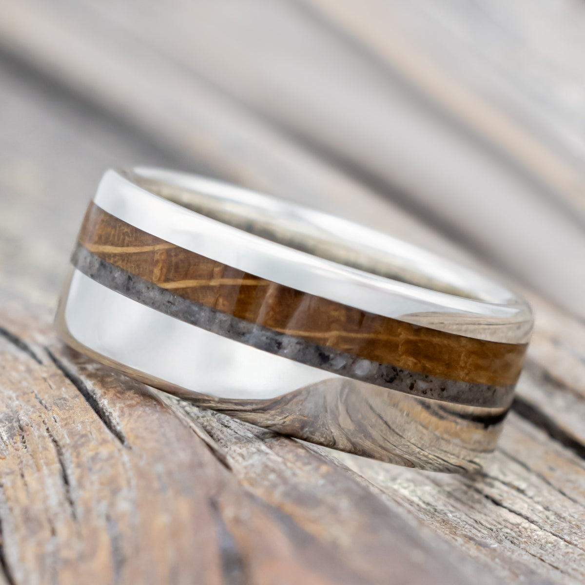 "Castor" - Granite & Whiskey Barrel Oak Wedding Ring-Staghead Designs